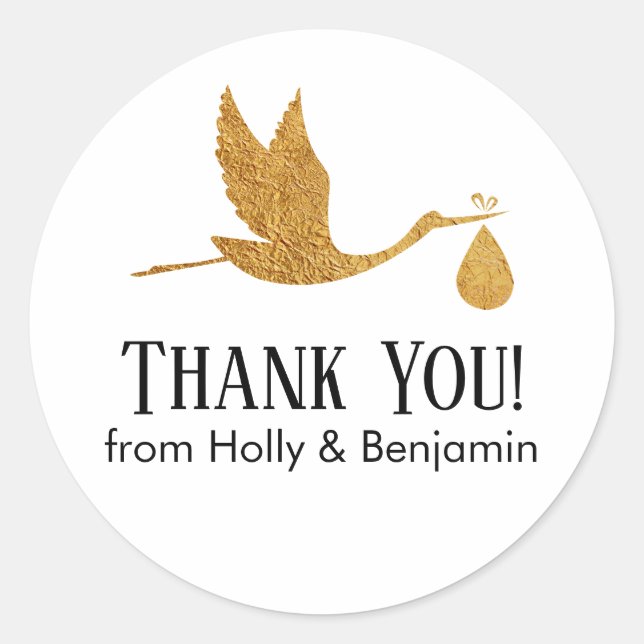 Einfache Imitate Gold Stork Vielen Dank! Babyparty Runder Aufkleber (Vorderseite)