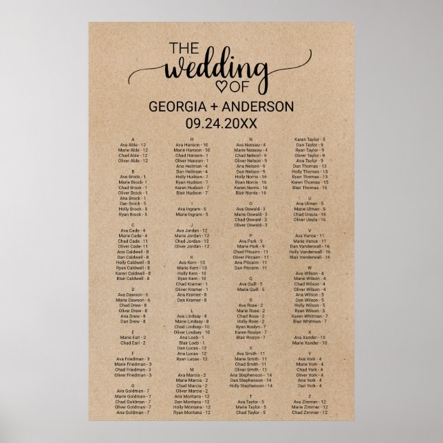 Einfache Imitate Kraft Alphabetischer Sitzplan Poster (Vorne)