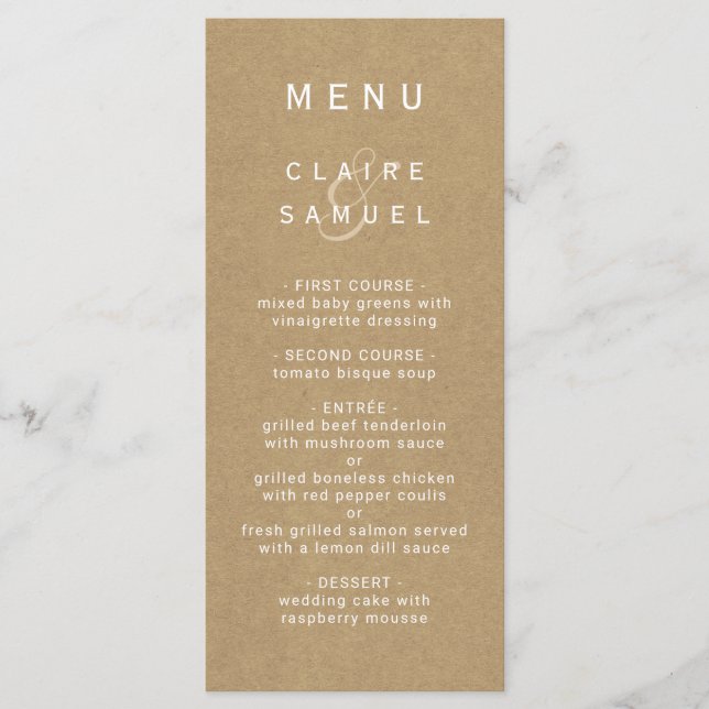 Einfache Imitate Rustikale Braun Kraft Hochzeit Menükarte (Vorderseite)