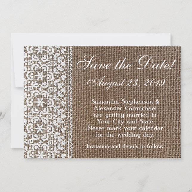 Einfache Jute und Spitze Save-the-Date-Karte Save The Date (Vorderseite)