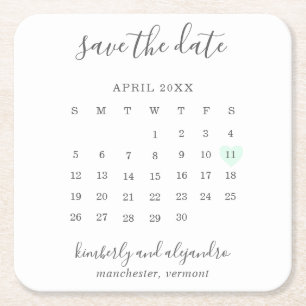 Einfache Kalenderpastel Grünes Herz Save the Date Rechteckiger Pappuntersetzer