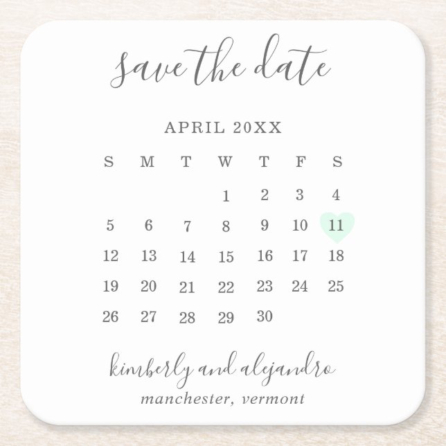 Einfache Kalenderpastel Grünes Herz Save the Date Rechteckiger Pappuntersetzer (Vorderseite)