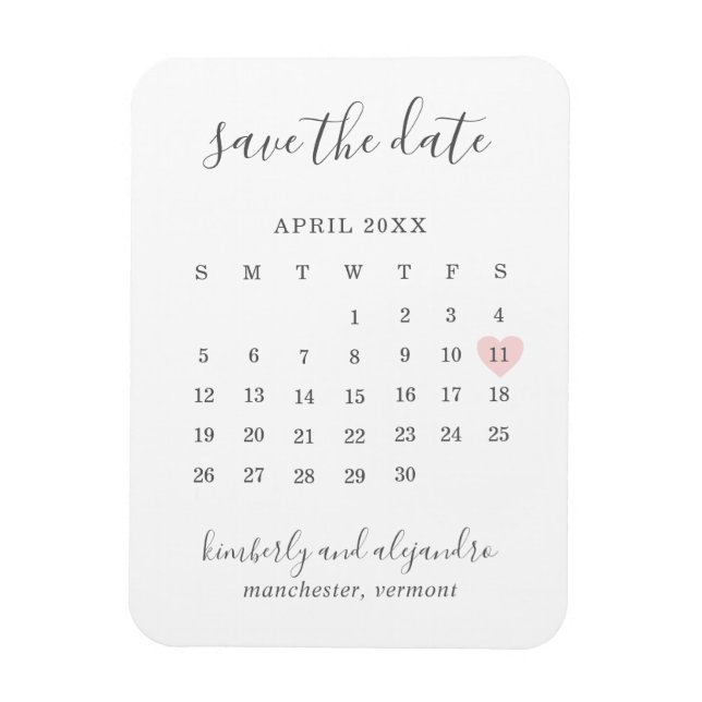 Einfache Kalenderpastel Rosa Herz Save the Date Magnet (Vertikal)