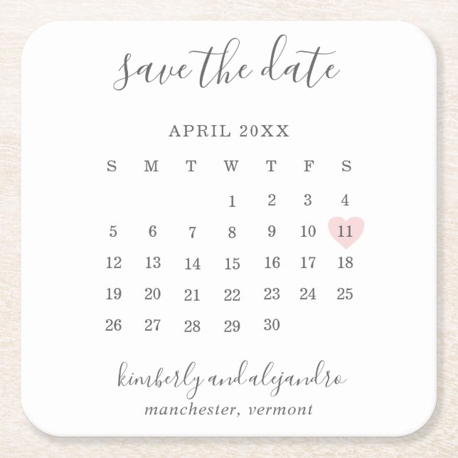 Einfache Kalenderpastel Rosa Herz Save the Date Rechteckiger Pappuntersetzer (Vorderseite)