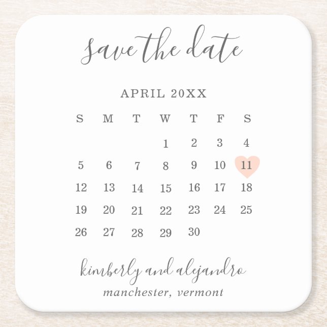 Einfache Kalenderpfeife Herzstück Save the Date Rechteckiger Pappuntersetzer (Vorderseite)