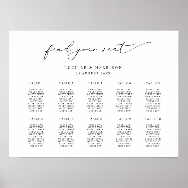 Einfache Kalligrafie Hochzeit 10 Tische Sitzplan Poster (Vorne)