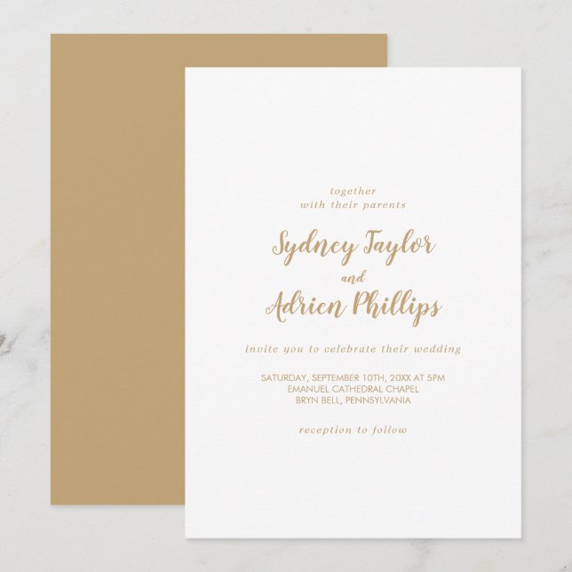 Einfache Kalligrafie|Lässige Hochzeit mit Gold Bac Einladung (Vorne/Hinten)