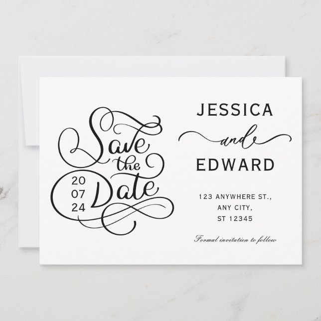 Einfache Kalligrafie Script Moderne Minimal Chic Save The Date (Vorderseite)