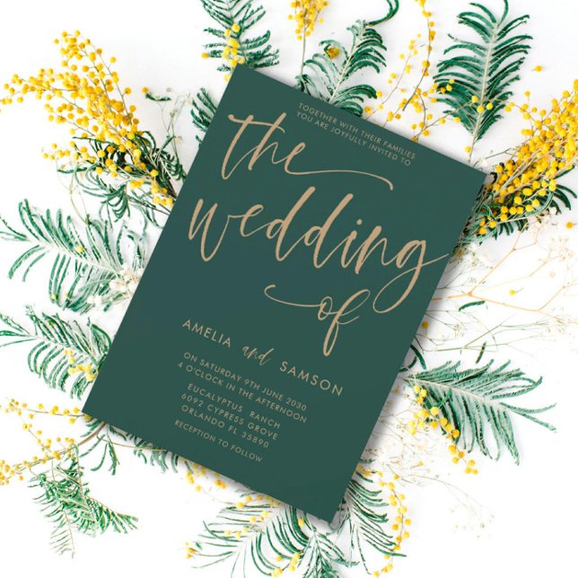 Einfache Kalligrafie Smarald Green & Gold-Hochzeit Einladung (Von Creator hochgeladen)