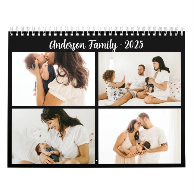 Einfache Kalligraphie Familie Foto Collage Black Kalender (Titelbild)
