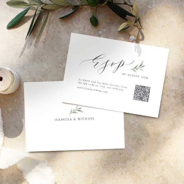 Einfache Kalligraphie rustikale Grünpflanzen Hochz RSVP Karte (Simple calligraphy rustic greenery wedding QR code RSVP Card)