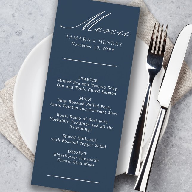 Einfache kalligraphische Navy Blue Wedding Menu Menükarte (Von Creator hochgeladen)