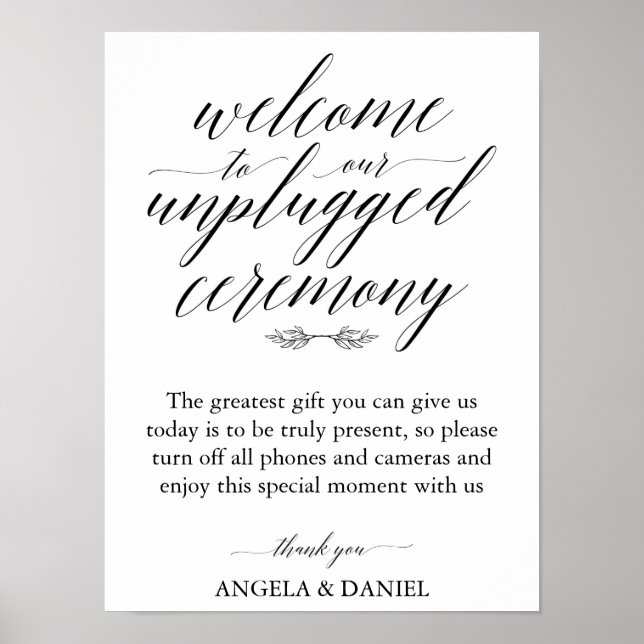 Einfache kalligraphische Schrift Unplugged Wedding Poster (Vorne)