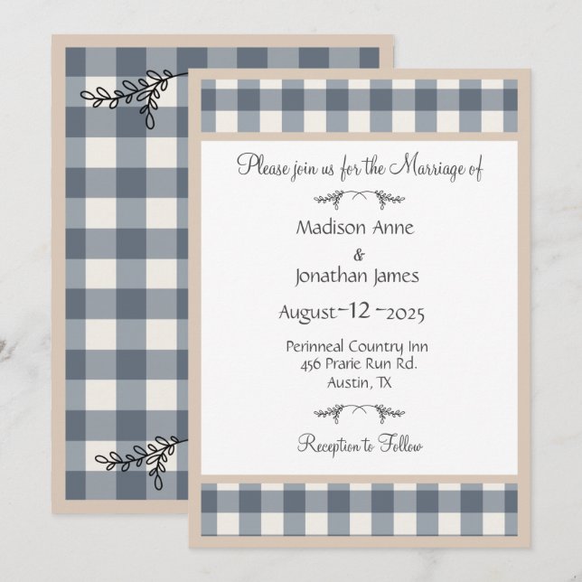 Einfache Karierte Gingham Hübsch Country Wedding Einladung (Vorne/Hinten)