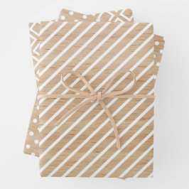 Einfache Karos Streifen Punkte auf Imitaten Holz Geschenkpapier Set