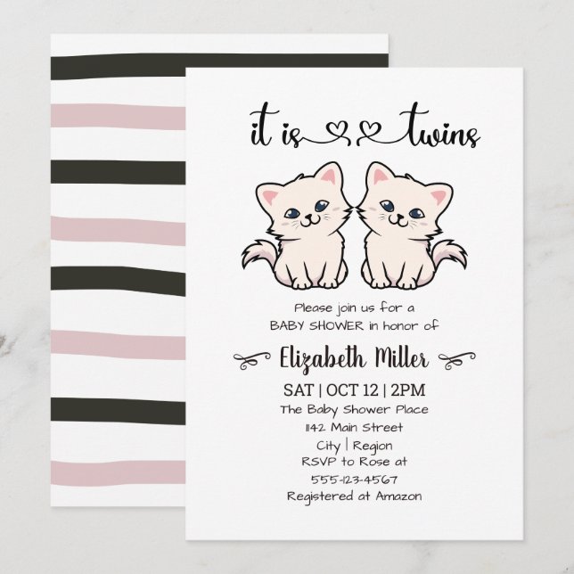 Einfache Katzen Twin Boy Girl Babydusche Einladung (Vorne/Hinten)