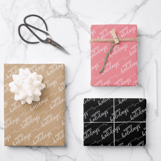 Einfache Klasse Chic Happy Holidays Grußwünsche Geschenkpapier Set (Vorderseite)