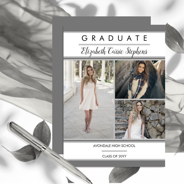Einfache Klasse Drei Foto Grau Abschluss Ankündigung (Simple Classy Three Photo Collage Gray and White Graduation Announcement - Print | Download)