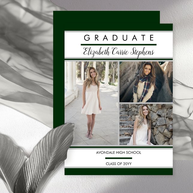 Einfache Klasse Drei Foto Grüner Abschluss Ankündigung (Simple and Classy Three Photo Green and White Graduation Announcement - Print | Digital Download)
