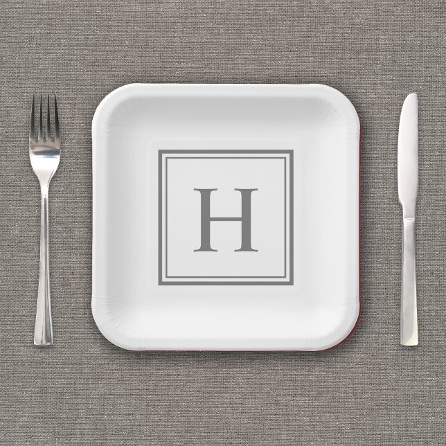 Einfache klassische graue Monogramm auf Weiß Pappteller (Personalize this party plate with your monogram initial.
)