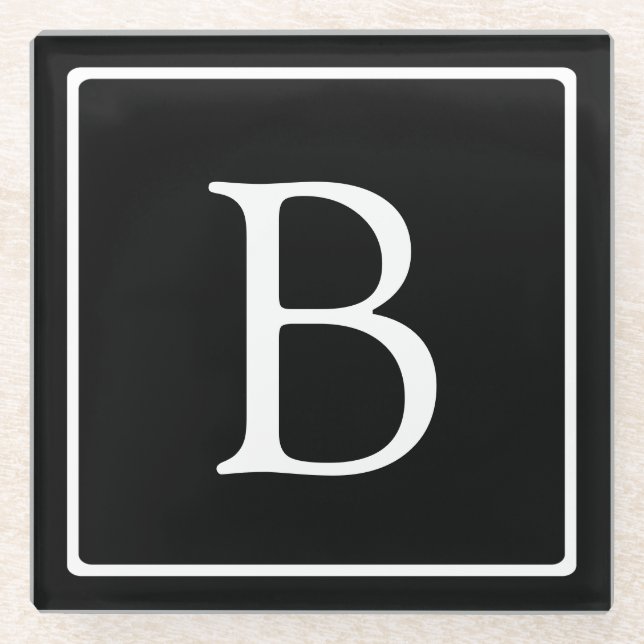 Einfache klassische Monogramm | Schwarz mit weißem Glasuntersetzer (Vorderseite)