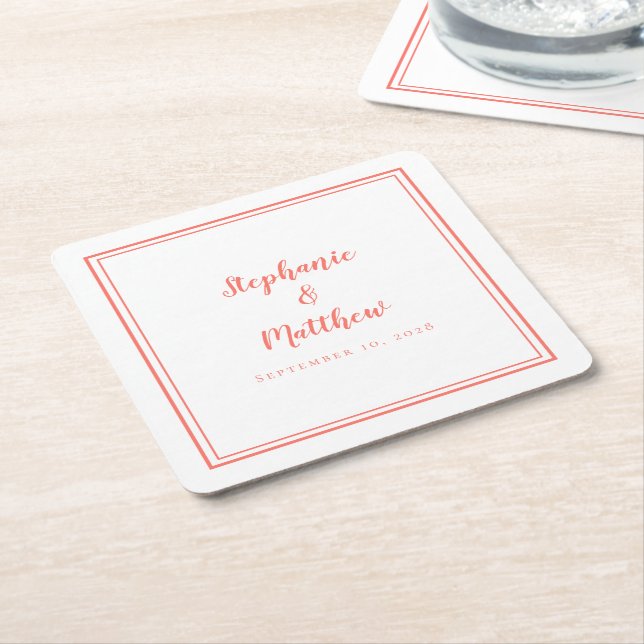 Einfache Korallenweiße Hochzeit Modernes Minimalis Rechteckiger Pappuntersetzer (angewinkelt)