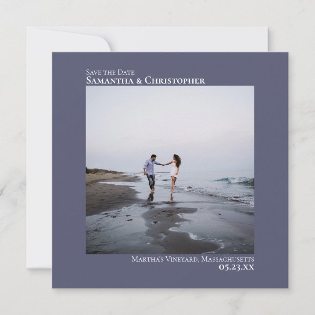 Einfache Künstlerische Minimal Foto Steel Blue Wed Save The Date (Vorderseite)