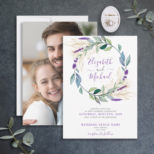 Einfache Lavendel-Hochzeit Lila Blumenkranz Foto Einladung (Von Creator hochgeladen)