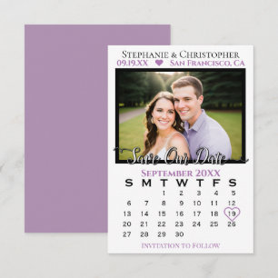 Einfache Lavendel- und weiße Hochzeitskalender- un Save The Date