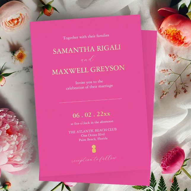 Einfache, lebendige Fuchsia Pink Beach Wedding Folieneinladung (Bold wedding invitations vibrant fuchsia pink with gold foil by Do Tell A Belle)