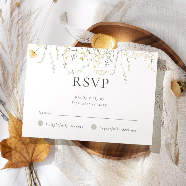 Einfache leichte, zarte, gelbe Wildblumen Hochzeit RSVP Karte (Von Creator hochgeladen)