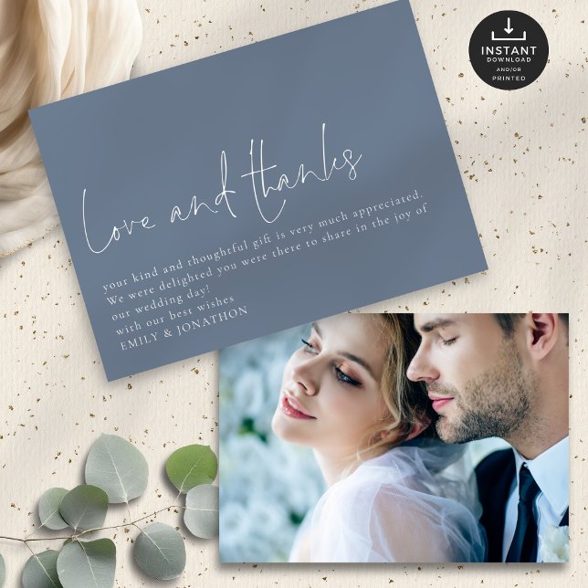 Einfache Liebe Dank Foto Blue Wedding Vielen Dank Karte (Front and back view)