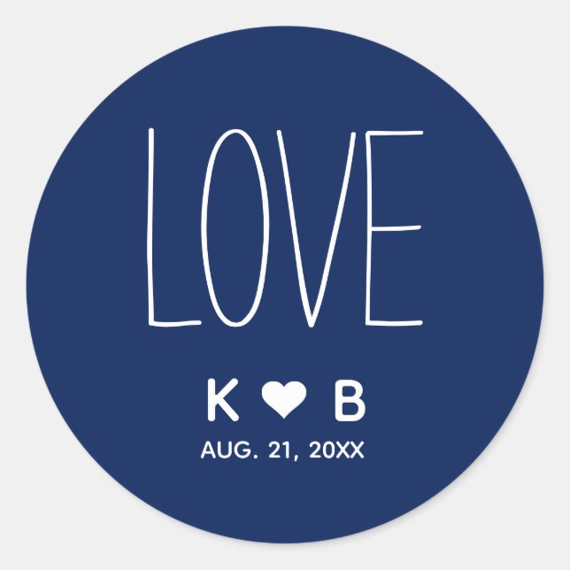 Einfache LIEBE Navy Blue Wedding Initials Monogram Runder Aufkleber (Vorderseite)