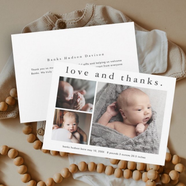 Einfache Liebe und vielen Dank für die Ankündigung (Simple type love and thanks baby photo announcement thank you cards.)