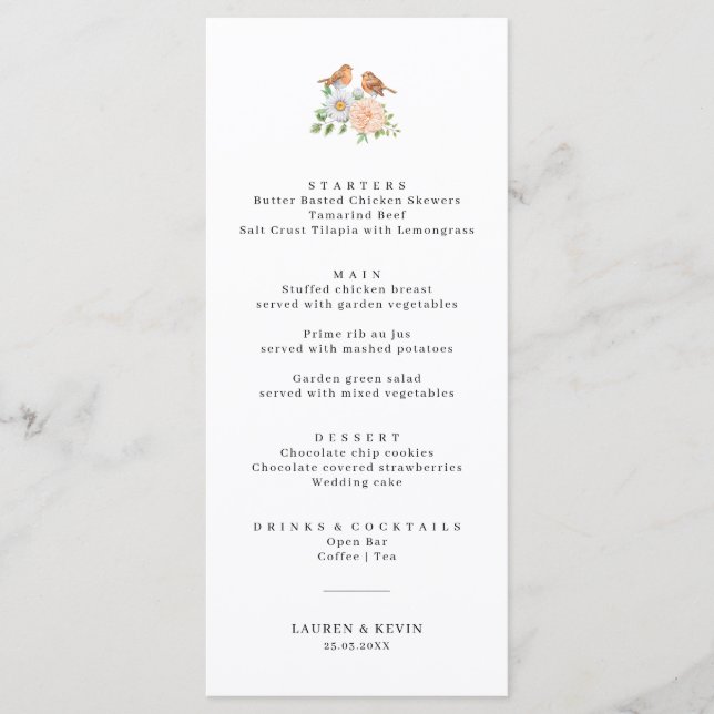 Einfache Liebesvögel Hochzeitkarte Menükarte (Vorderseite)