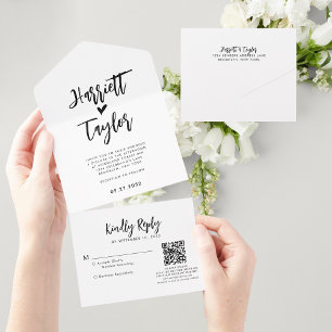 Einfache liebliche Herzschrift Hochzeit QR Code UA All In One Einladung