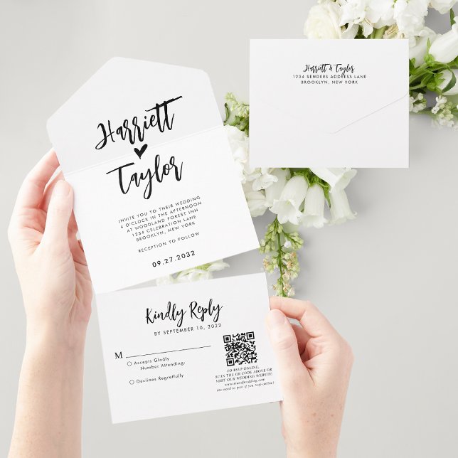 Einfache liebliche Herzschrift Hochzeit QR Code UA All In One Einladung (Von Creator hochgeladen)