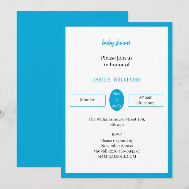 Einfache Light Blue Baby Dusche Personalisiert Einladung (Vorne/Hinten)