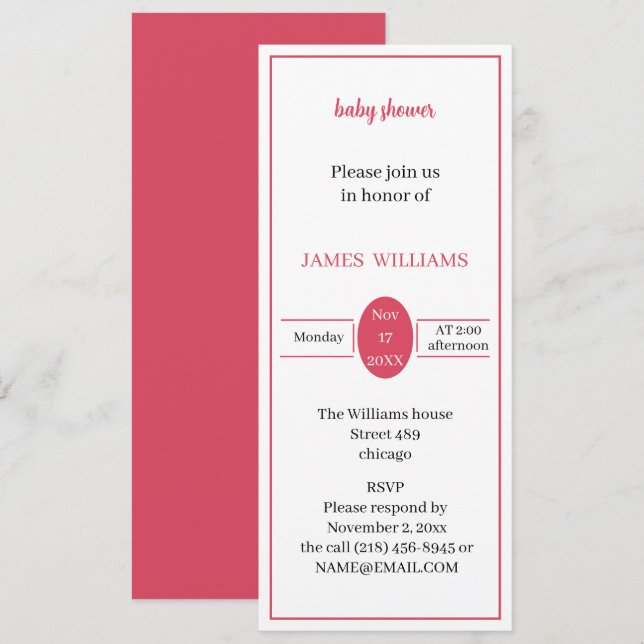 Einfache Light Red Baby Dusche nach Maß Einladung (Vorne/Hinten)