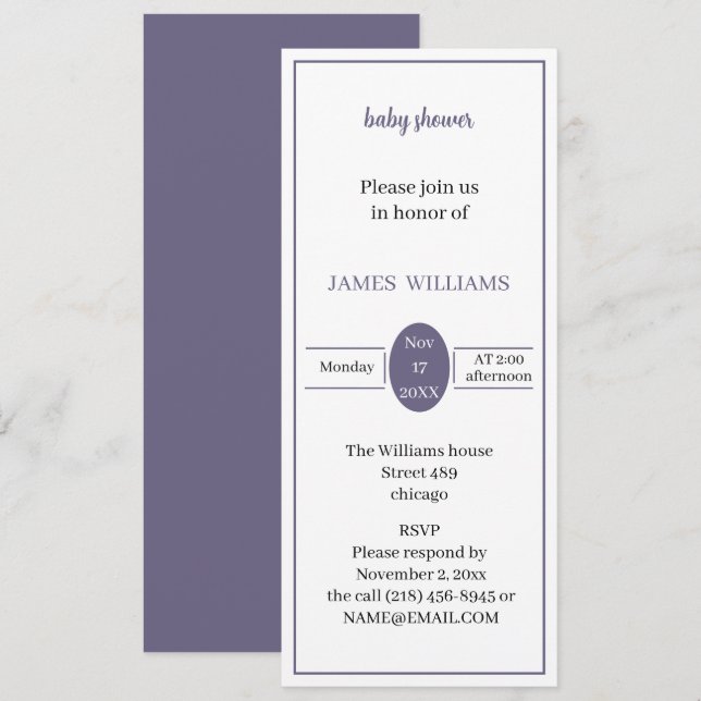 Einfache Lila Babydusche Einladung (Vorne/Hinten)