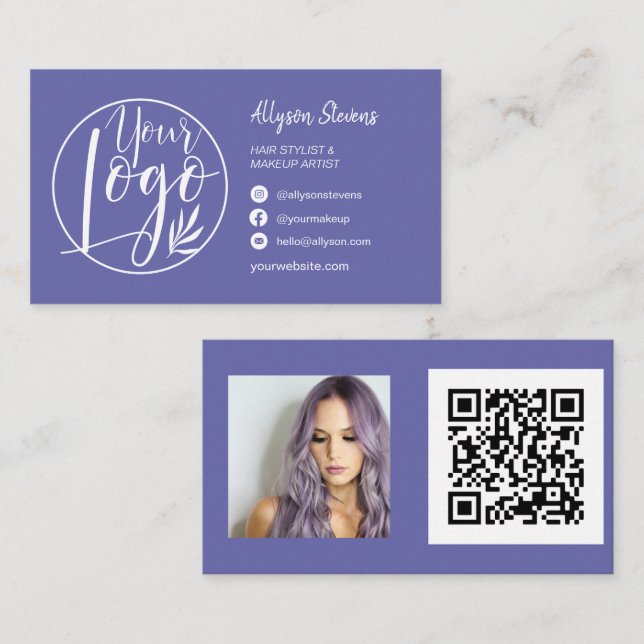 Einfache lila blaue Haarschminke Foto Logo qr Visitenkarte (Vorne/Hinten)