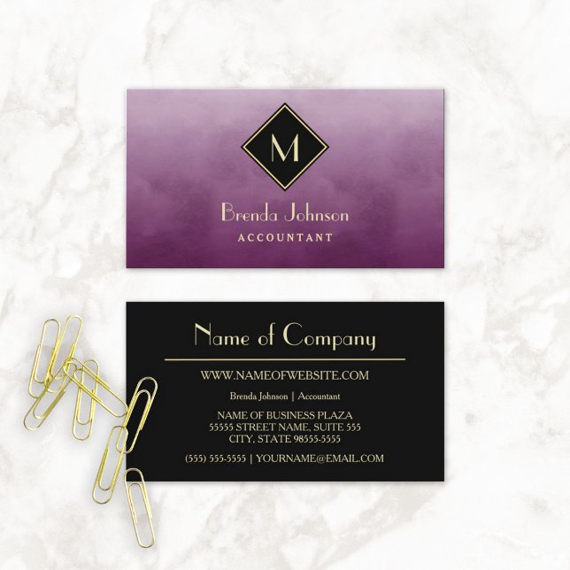 Einfache Lila Buchhaltung mit elegantem Monogramm Visitenkarte (Simple Purple Accountant With Elegant Monogram Business CardS)