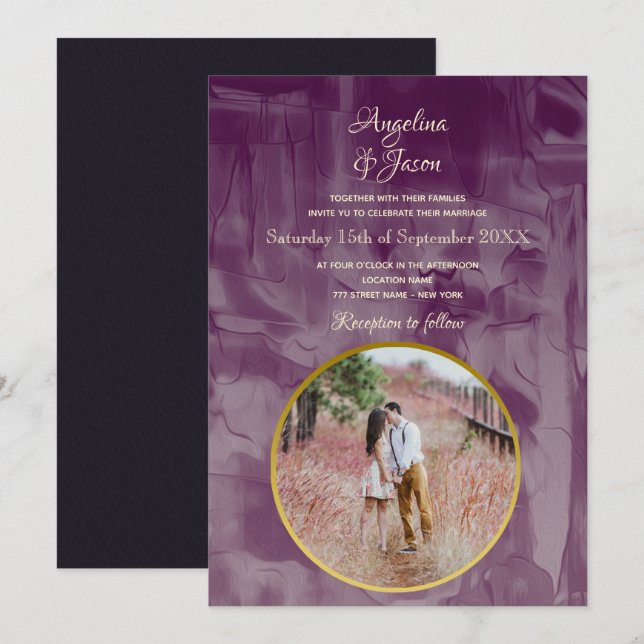 Einfache Lila Foto-Hochzeit Einladung (Vorne/Hinten)