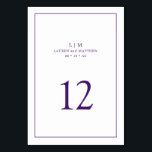 Einfache Lila Monogram Elegante Hochzeit Tischnummer<br><div class="desc">Einfache Tischnummer mit elegantem und zeitlosem Design mit zwei Buchstaben Monogramm, Namen, Datum und Tischnummer umgeben von einem dünnen Rand. Alle Designelemente sind königlich lila über einen weißen Hintergrund und können in beliebig viele Farben des Designbearbeitungstools umgewandelt werden. Ein gepflegtes und klassisches Design, ideal für ein Paar, das eine traditionelle...</div>