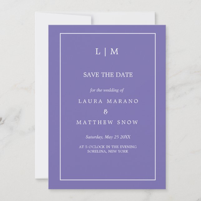 Einfache Lila Monogramm-Hochzeit Save The Date (Vorderseite)