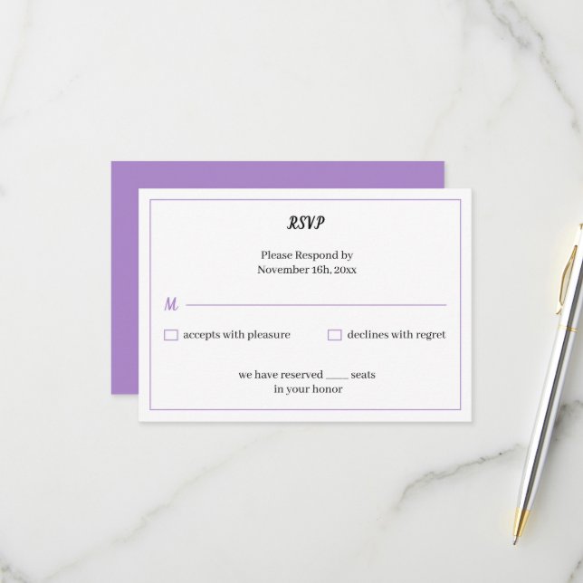 Einfache Lila Personalisierte Hochzeit RSVP Karte (Vorderseite/Rückseite Beispiel)