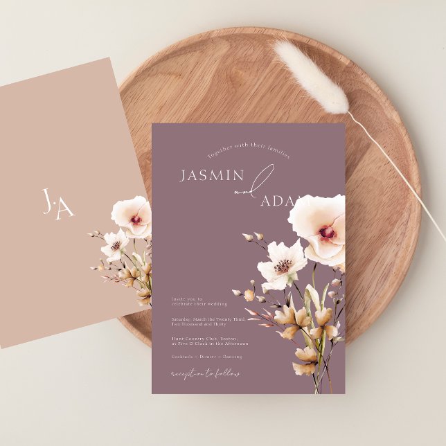 Einfache Lila Rosa Wildblumen Hochzeit Einladung (Simple Purple Pink Wildflowers Wedding Invitation)