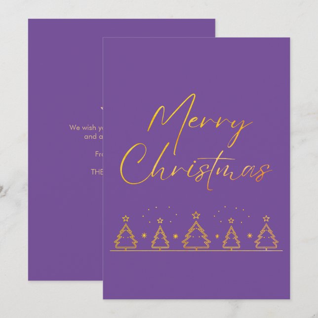Einfache Lila und goldene Weihnachtsbaume Feiertagskarte (Vorne/Hinten)