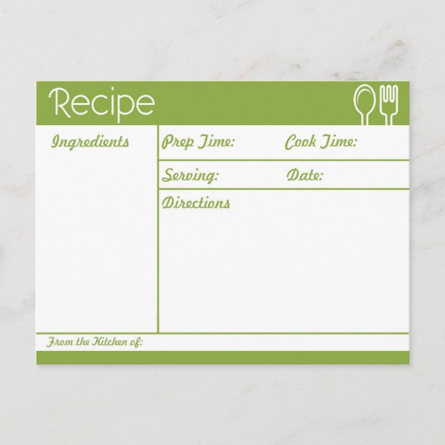 Einfache, linenlose grüne Rezept Postkarte (Vorderseite)