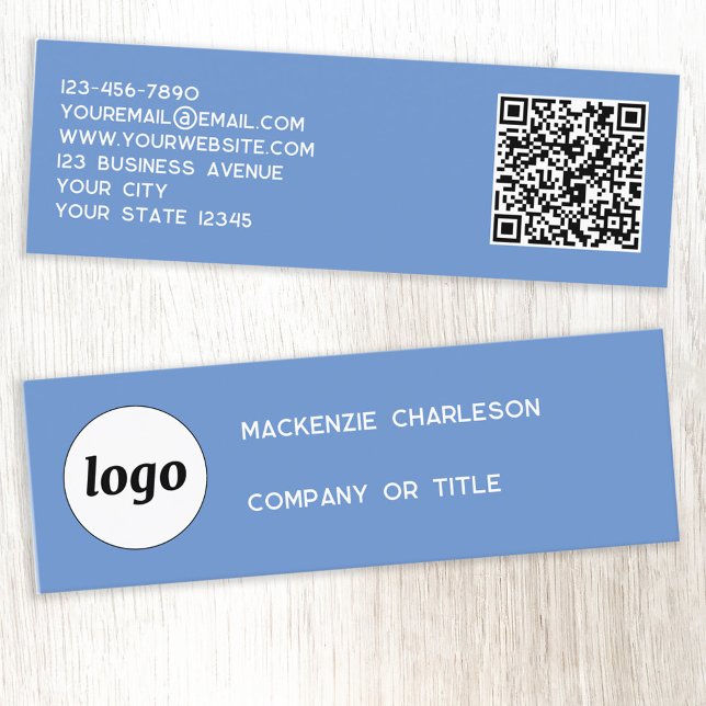 Einfache Logo und QR Code Blue Mini Business Card Visitenkarte (Logo with QR code and custom text blue mini business cards)